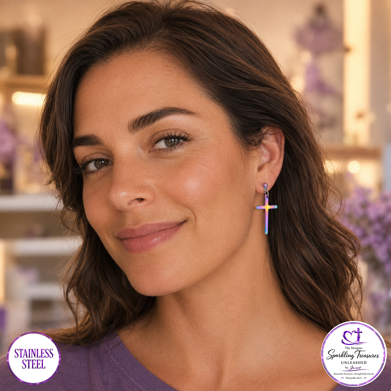 A woman wearing a small cross earring with a rainbow gradient, shown in a softly lit indoor setting. Two circular brand badges are overlaid in the bottom corners: one reading 'STAINLESS STEEL' and the other 'Sparkling Treasures Unleashed'.