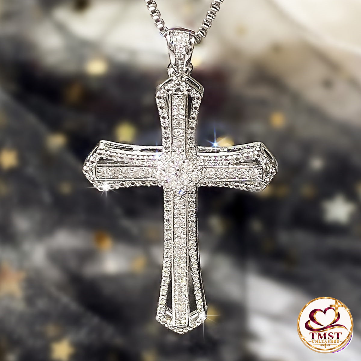 Radiant Redemption silver cross necklace product photo with current TMST logo