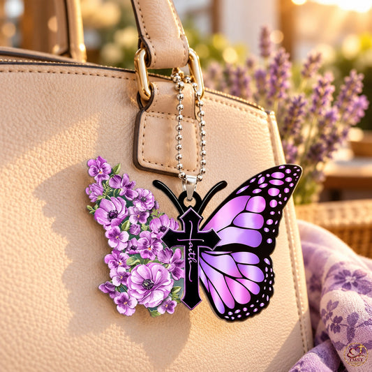 Wings of Faith™ Purple Butterfly Cross Ornament — Default Title lifestyle styling