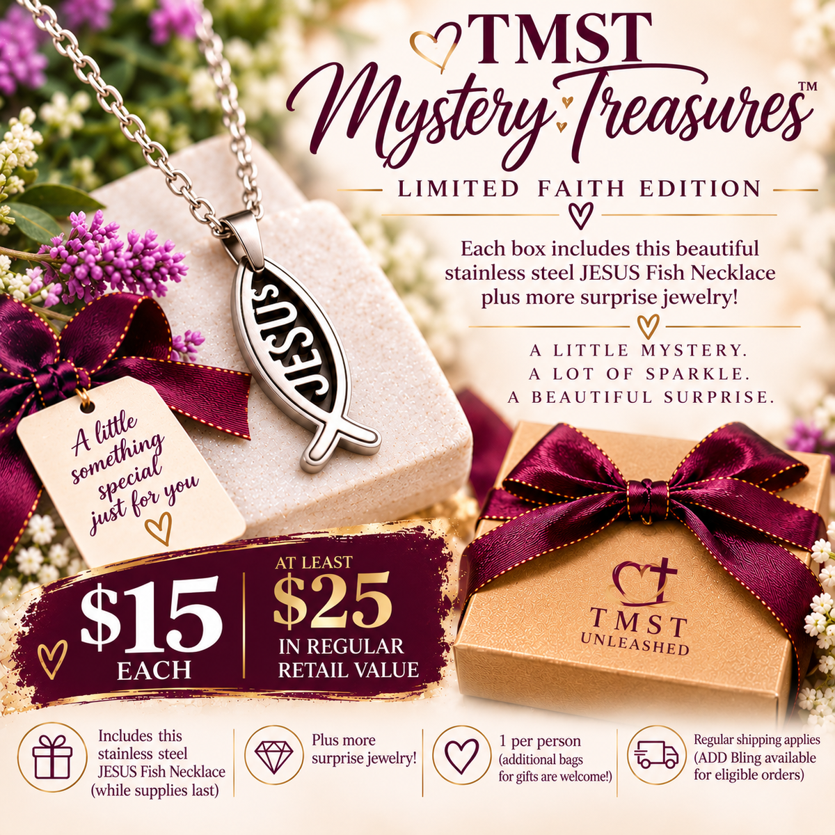 TMST Mystery Treasures Limited Faith Edition, JESUS Fish Necklace and surprise jewelry, $15 with at least $25 regular retail value