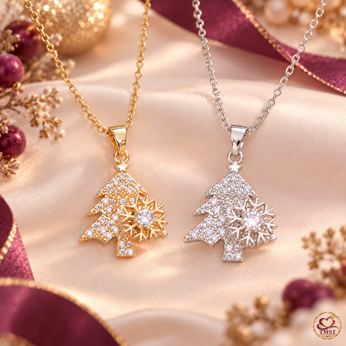 Turning Christmas Joy™ tree pendant necklaces in gold and silver