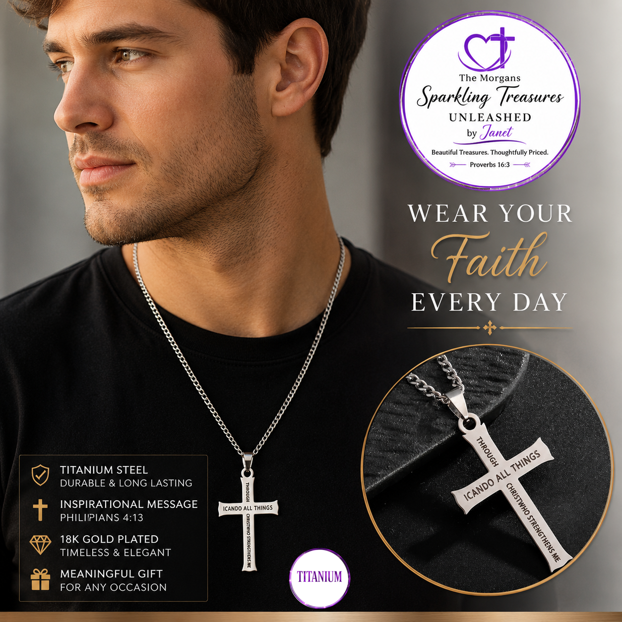 A man wearing a silver cross pendant necklace with the words 'I CAN DO ALL THINGS THROUGH CHRIST WHO POWERED ME' on a black shirt. The image includes promotional text, a circular logo for 'The Morgans Sparkling Treasures Unleashed by Janet', and a close-up inset of the necklace on a black background.