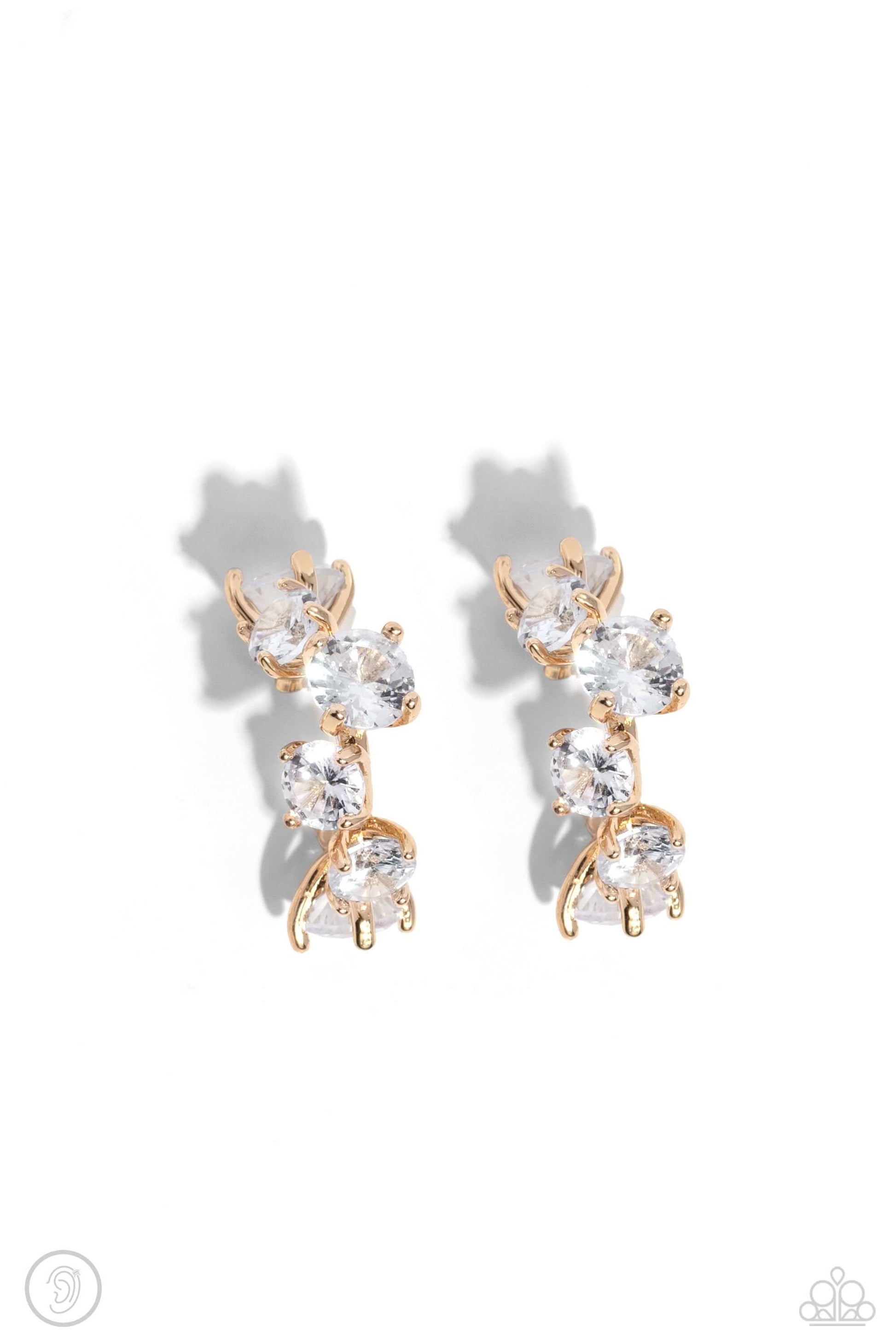 Breathtaking Blend Paparazzi Cuff Earring Accessories, Earring Cuff, earrings, Gold, White rhinestones
