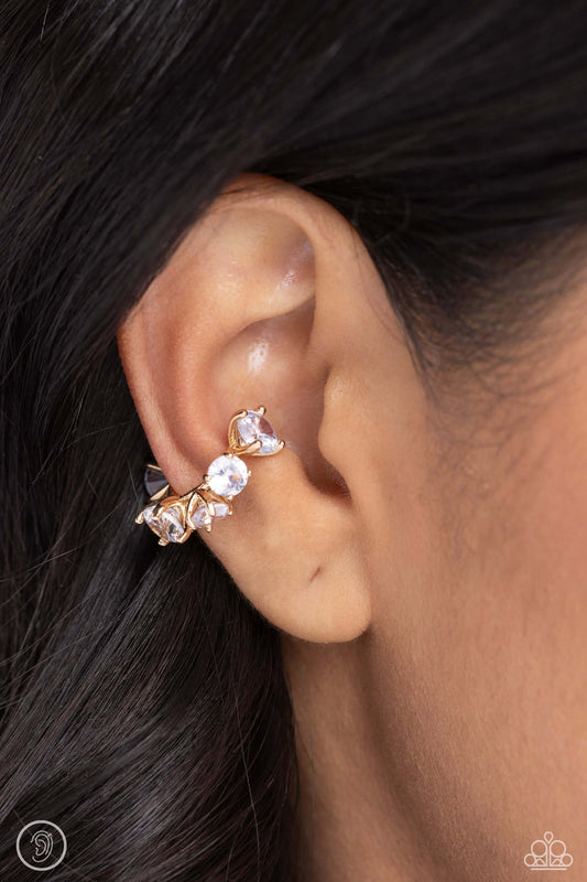 Breathtaking Blend Paparazzi Cuff Earring Accessories, Earring Cuff, earrings, Gold, White rhinestones